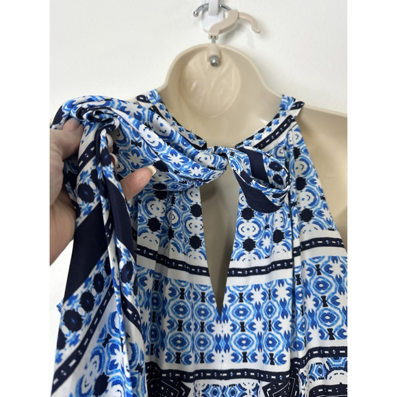Eliza J Scarf Print Crepe De Chine Maxi Dress Sz 4 Blue Boho Gypsy Resort Party - Picture 11 of 14